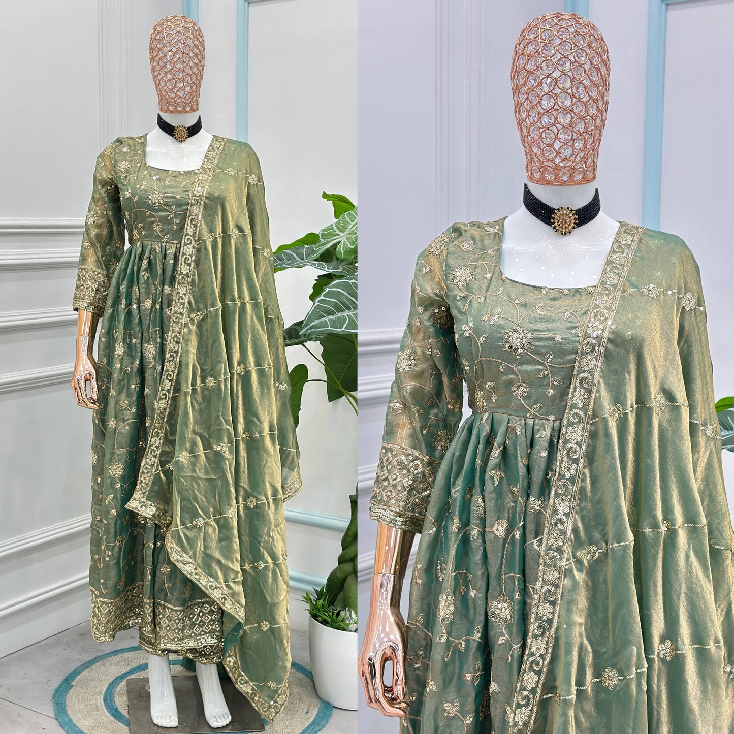 Beautiful Elegant Rich Look Embroidery Sequence Zari Work Fandy Silk Gown Set