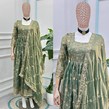 Beautiful Elegant Rich Look Embroidery Sequence Zari Work Fandy Silk Gown Set