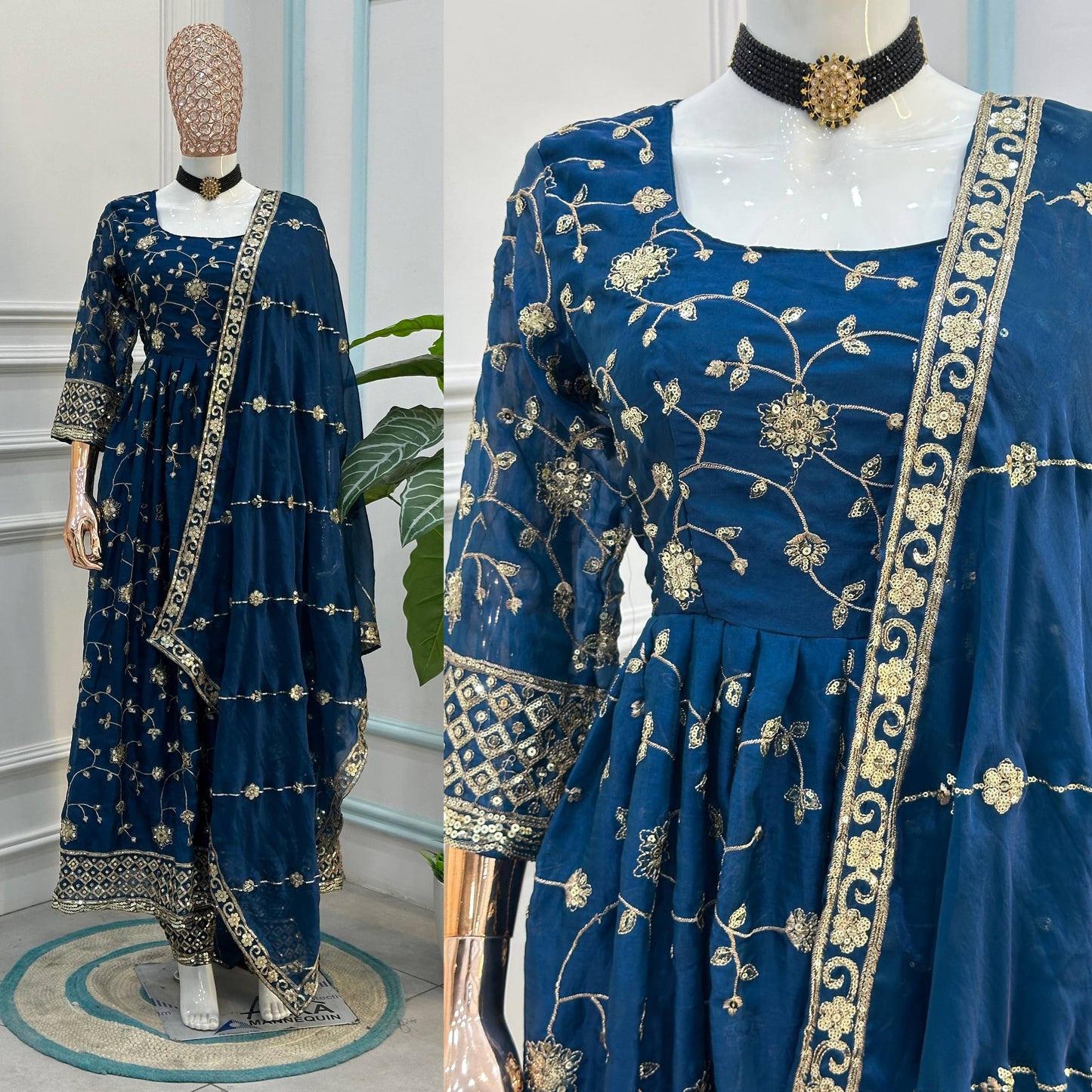 Beautiful Elegant Rich Look Embroidery Sequence Zari Work Fandy Silk Gown Set