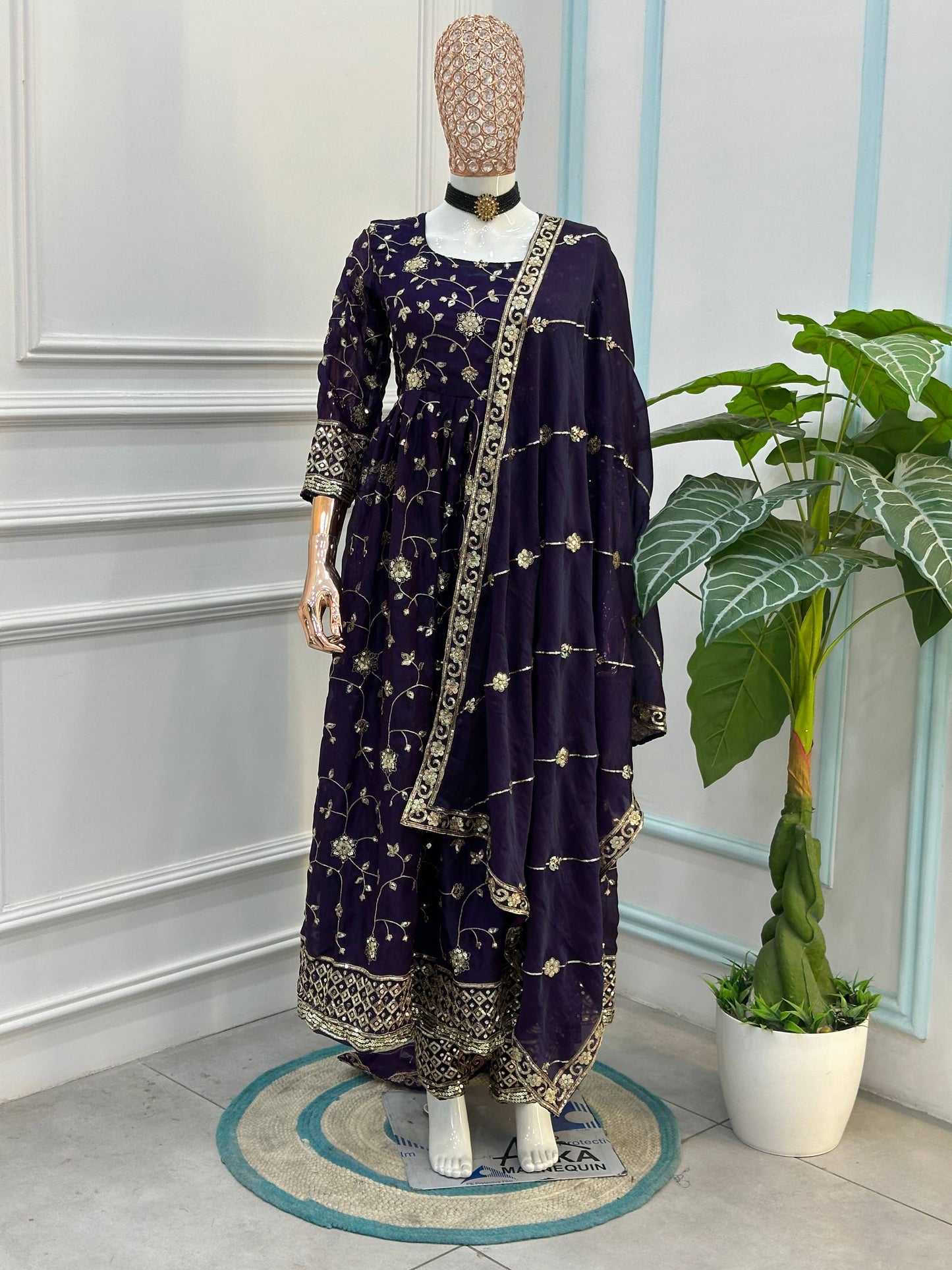 Beautiful Elegant Rich Look Embroidery Sequence Zari Work Fandy Silk Gown Set