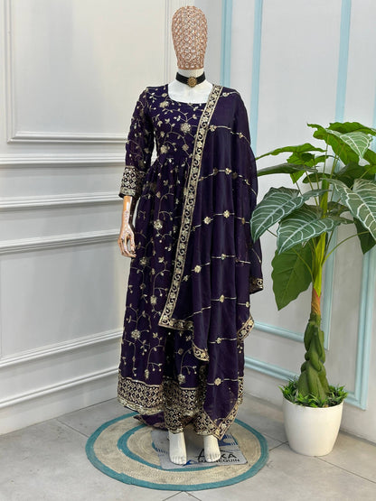 Beautiful Elegant Rich Look Embroidery Sequence Zari Work Fandy Silk Gown Set