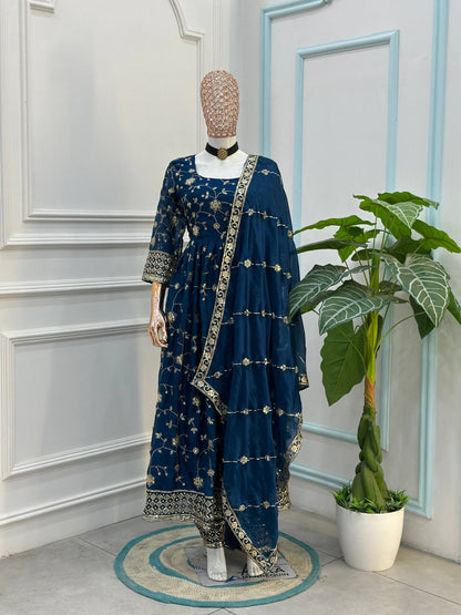 Beautiful Elegant Rich Look Embroidery Sequence Zari Work Fandy Silk Gown Set