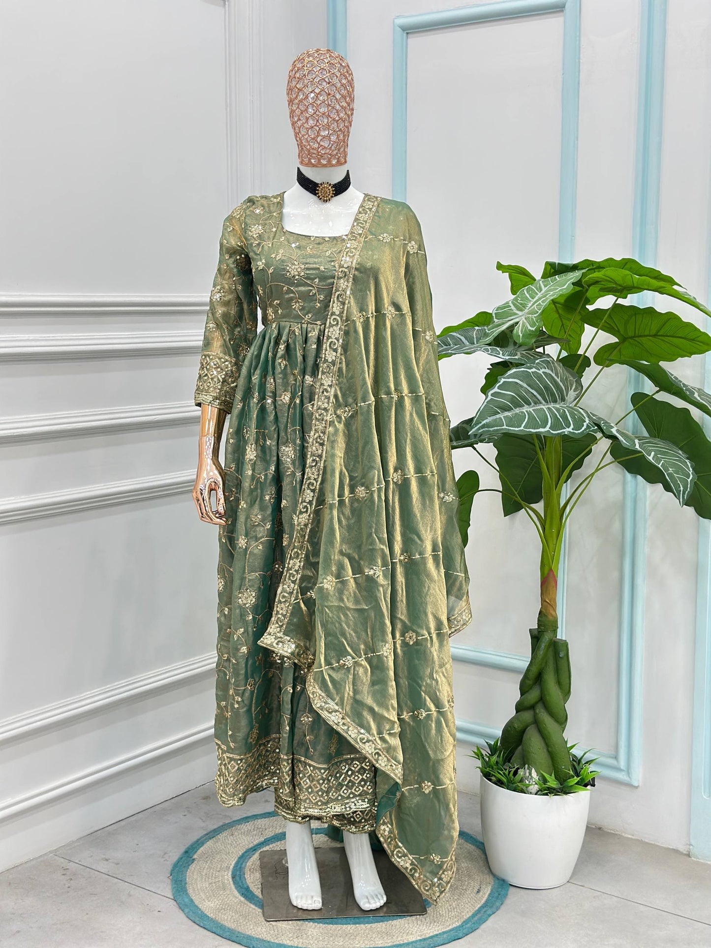 Beautiful Elegant Rich Look Embroidery Sequence Zari Work Fandy Silk Gown Set