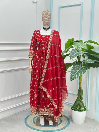 Beautiful Elegant Rich Look Embroidery Sequence Zari Work Fandy Silk Gown Set