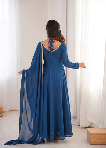 Red Color Fox Blooming Georgette Yoke Dori Work Gown