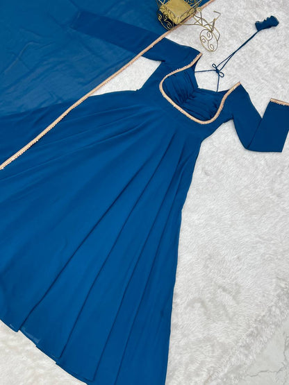Red Color Fox Blooming Georgette Yoke Dori Work Gown