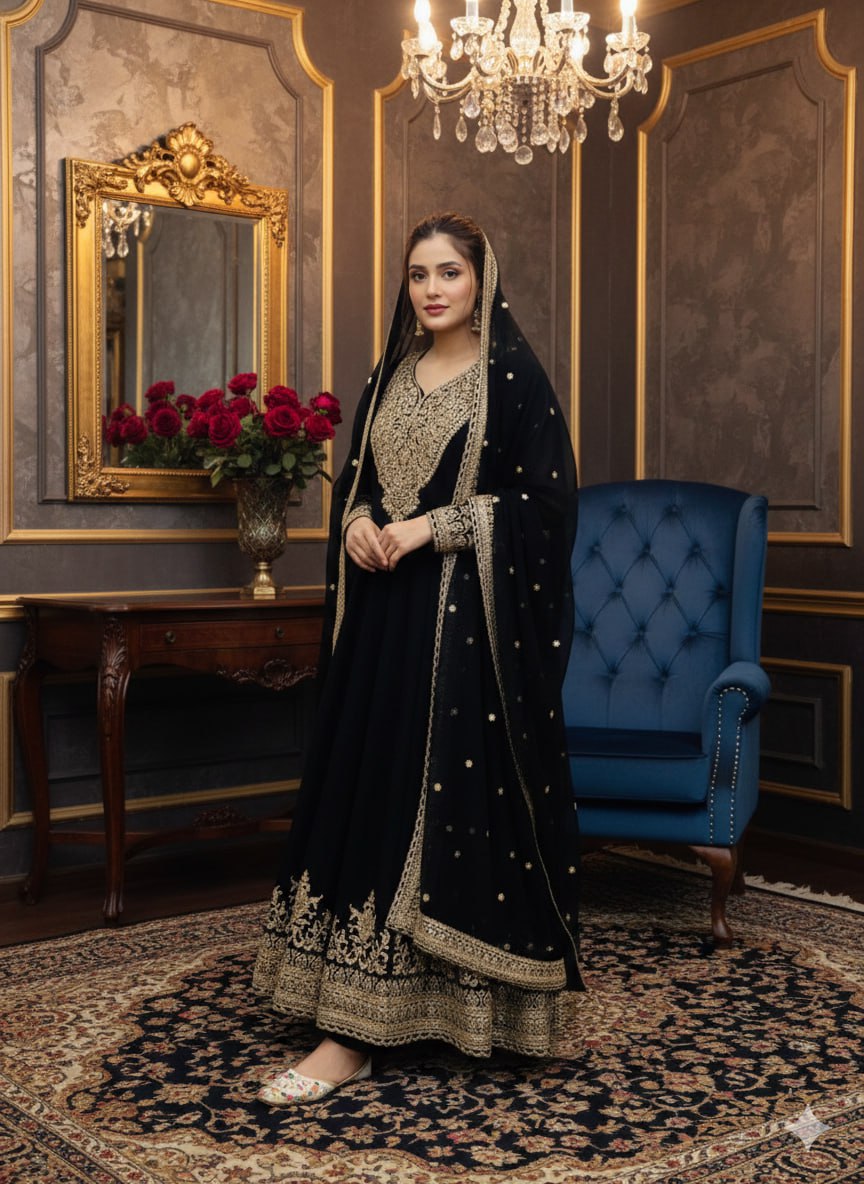 Black Color Blooming fox Georgette Heavy Embroidery Work Gown