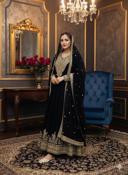 Black Color Blooming fox Georgette Heavy Embroidery Work Gown