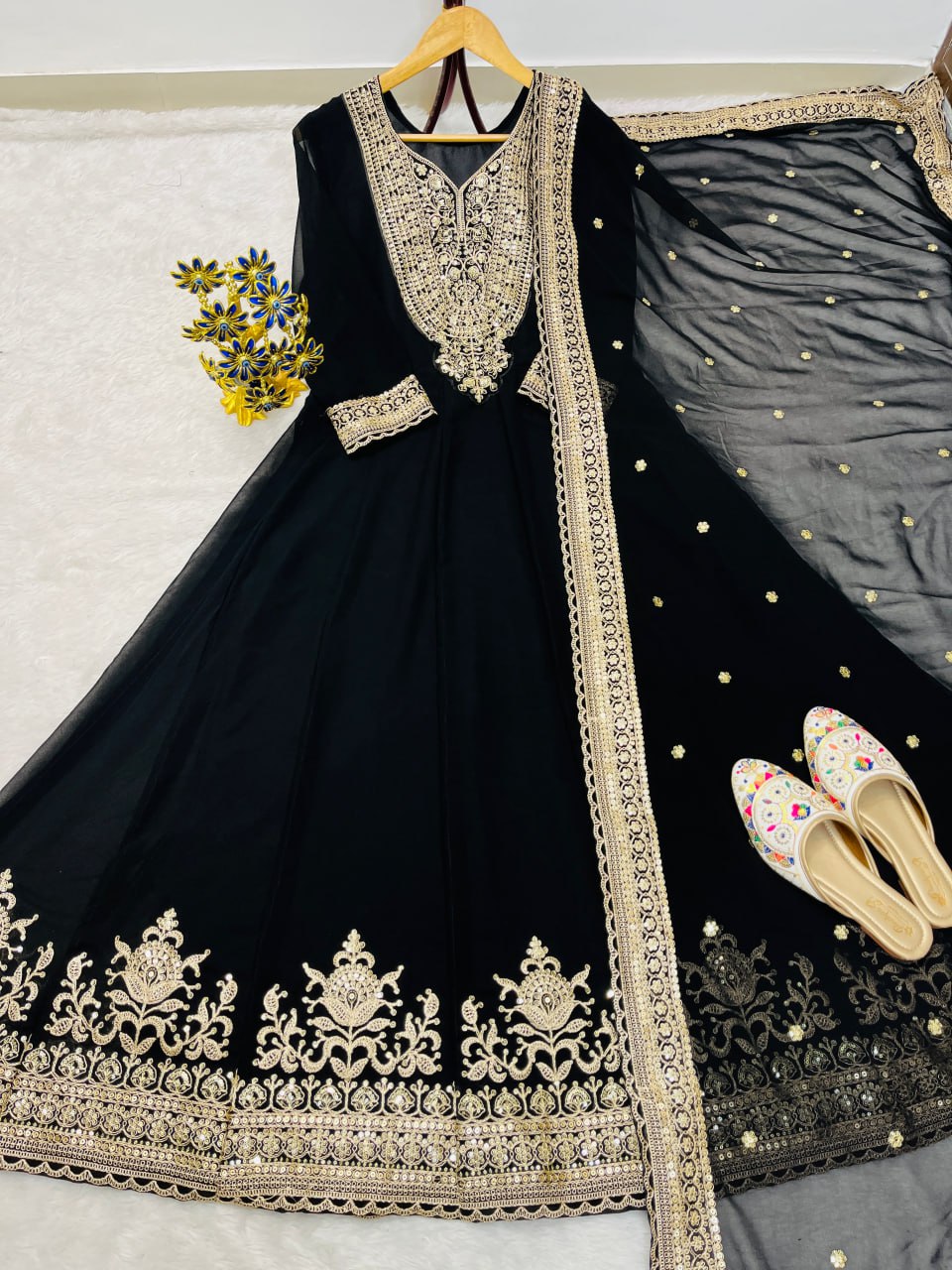 Black Color Blooming fox Georgette Heavy Embroidery Work Gown