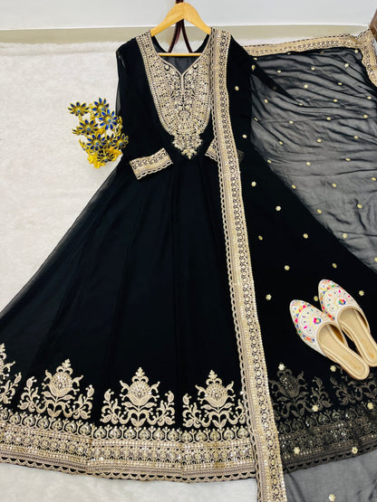 Black Color Blooming fox Georgette Heavy Embroidery Work Gown