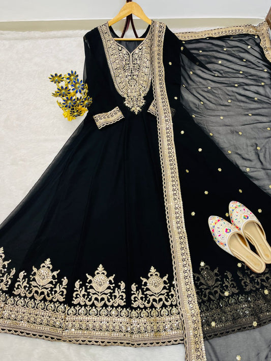 Black Color Blooming fox Georgette Heavy Embroidery Work Gown