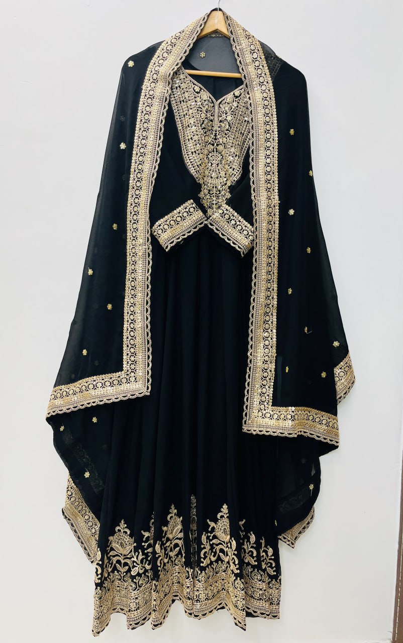 Black Color Blooming fox Georgette Heavy Embroidery Work Gown