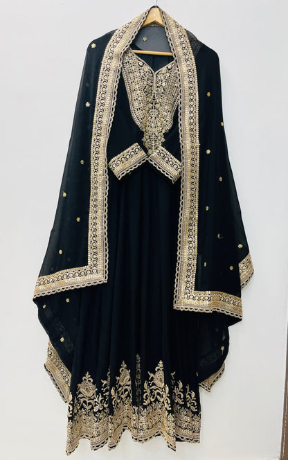 Black Color Blooming fox Georgette Heavy Embroidery Work Gown