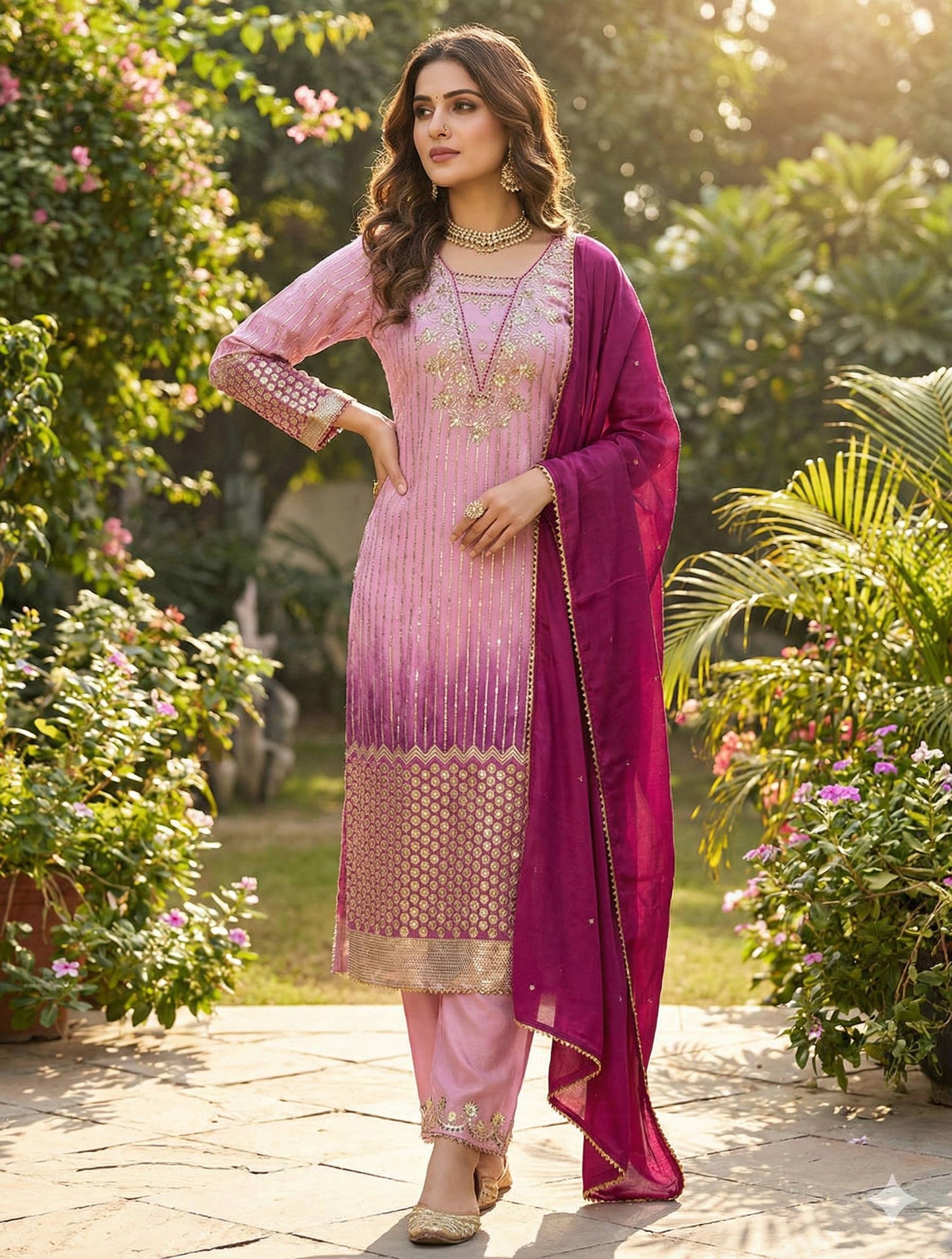 Beautifull Pink Color Sequience Embroidery Work Top Pent