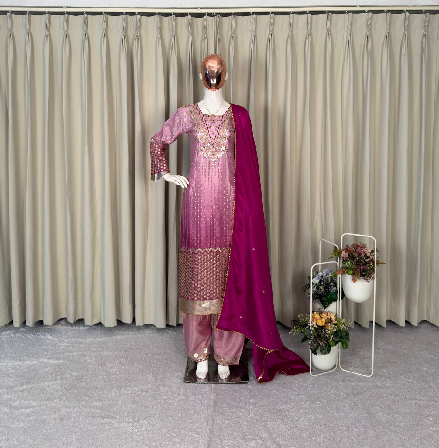 Beautifull Pink Color Sequience Embroidery Work Top Pent
