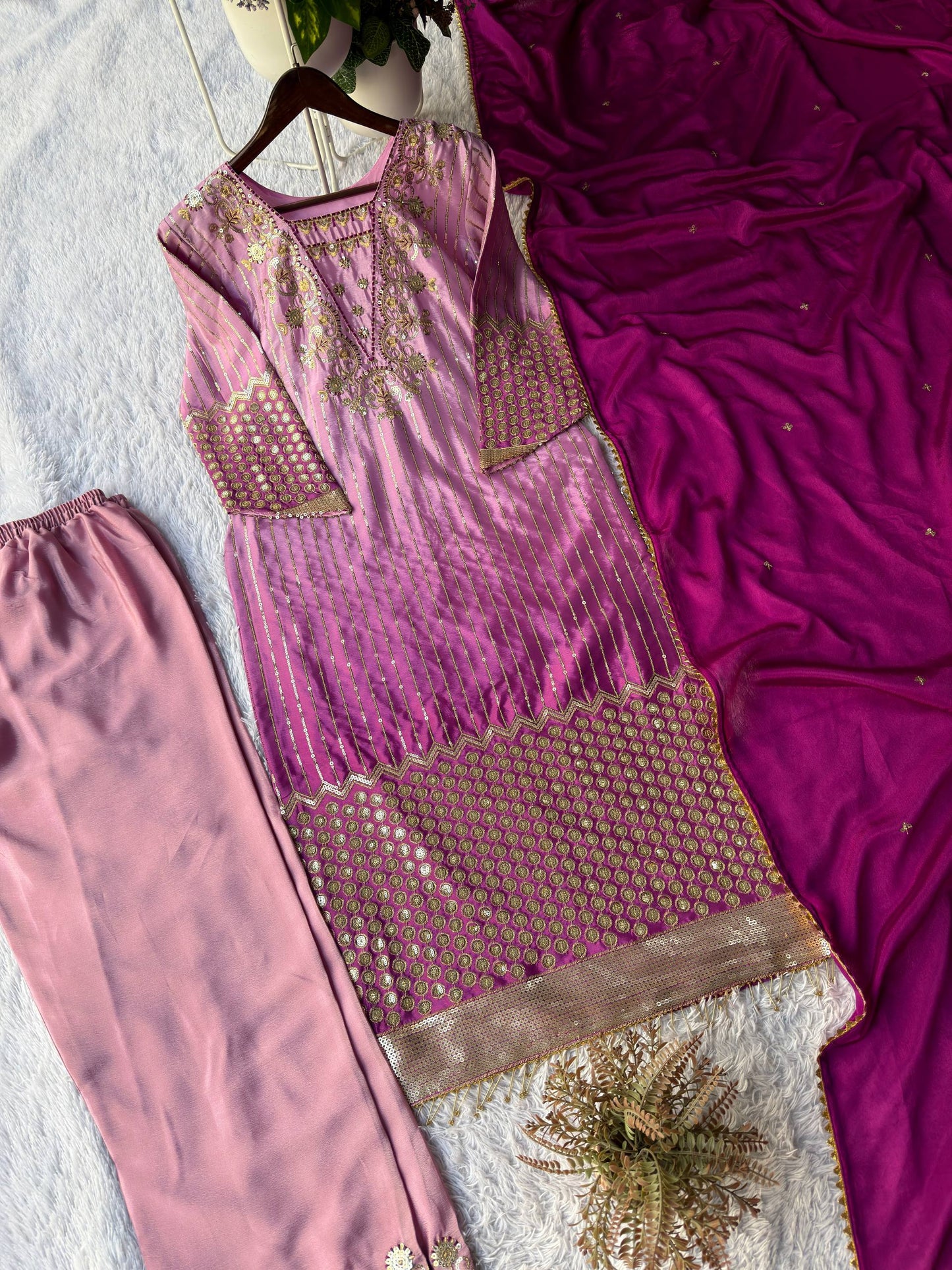 Beautifull Pink Color Sequience Embroidery Work Top Pent