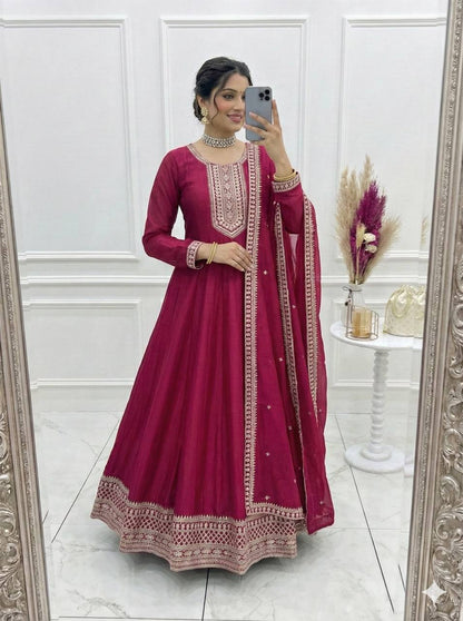 Beautifull Dark Pink Vichitra Silk With Kali Pattern Work Anarkali