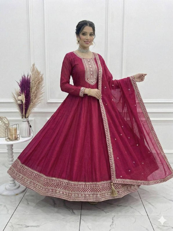 Beautifull Dark Pink Vichitra Silk With Kali Pattern Work Anarkali