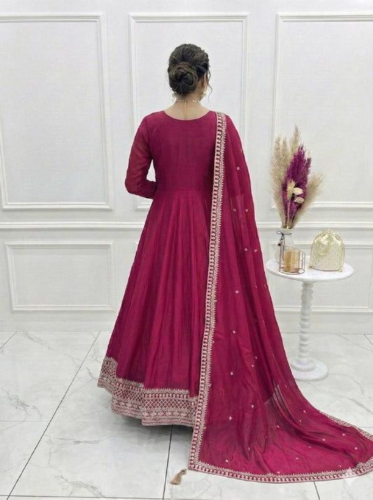 Beautifull Dark Pink Vichitra Silk With Kali Pattern Work Anarkali