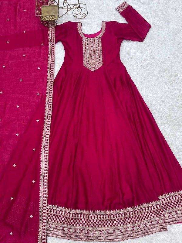 Beautifull Dark Pink Vichitra Silk With Kali Pattern Work Anarkali