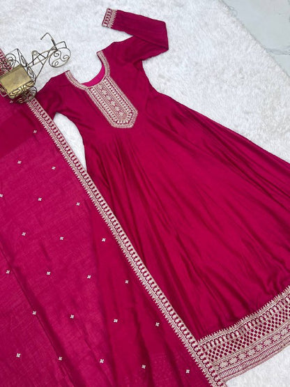 Beautifull Dark Pink Vichitra Silk With Kali Pattern Work Anarkali