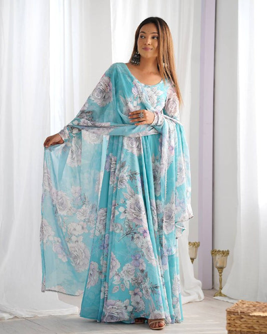 Beauifull Sky Blue Color Fox Georgette Flower Work Gown