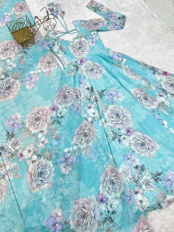 Beauifull Sky Blue Color Fox Georgette Flower Work Gown