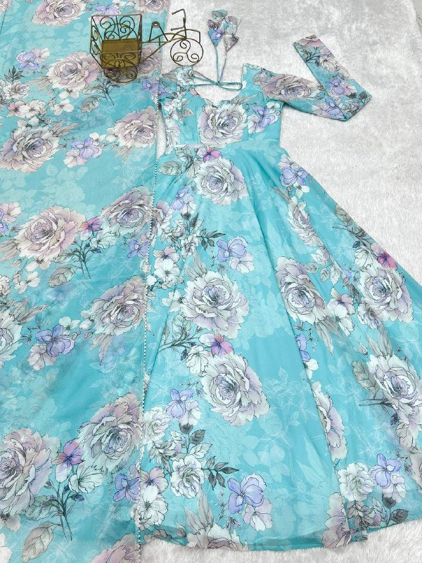 Beauifull Sky Blue Color Fox Georgette Flower Work Gown