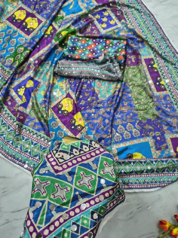Designer Premium Chinon Silk With Print & Real Mirror Work Saree