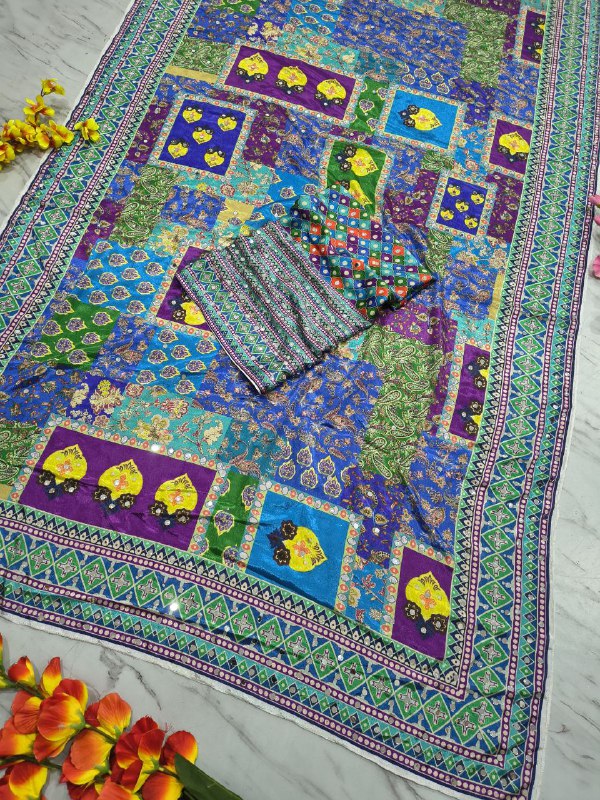 Designer Premium Chinon Silk With Print & Real Mirror Work Saree