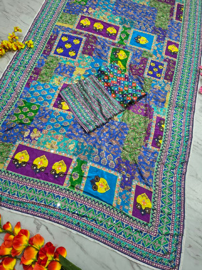 Designer Premium Chinon Silk With Print & Real Mirror Work Saree