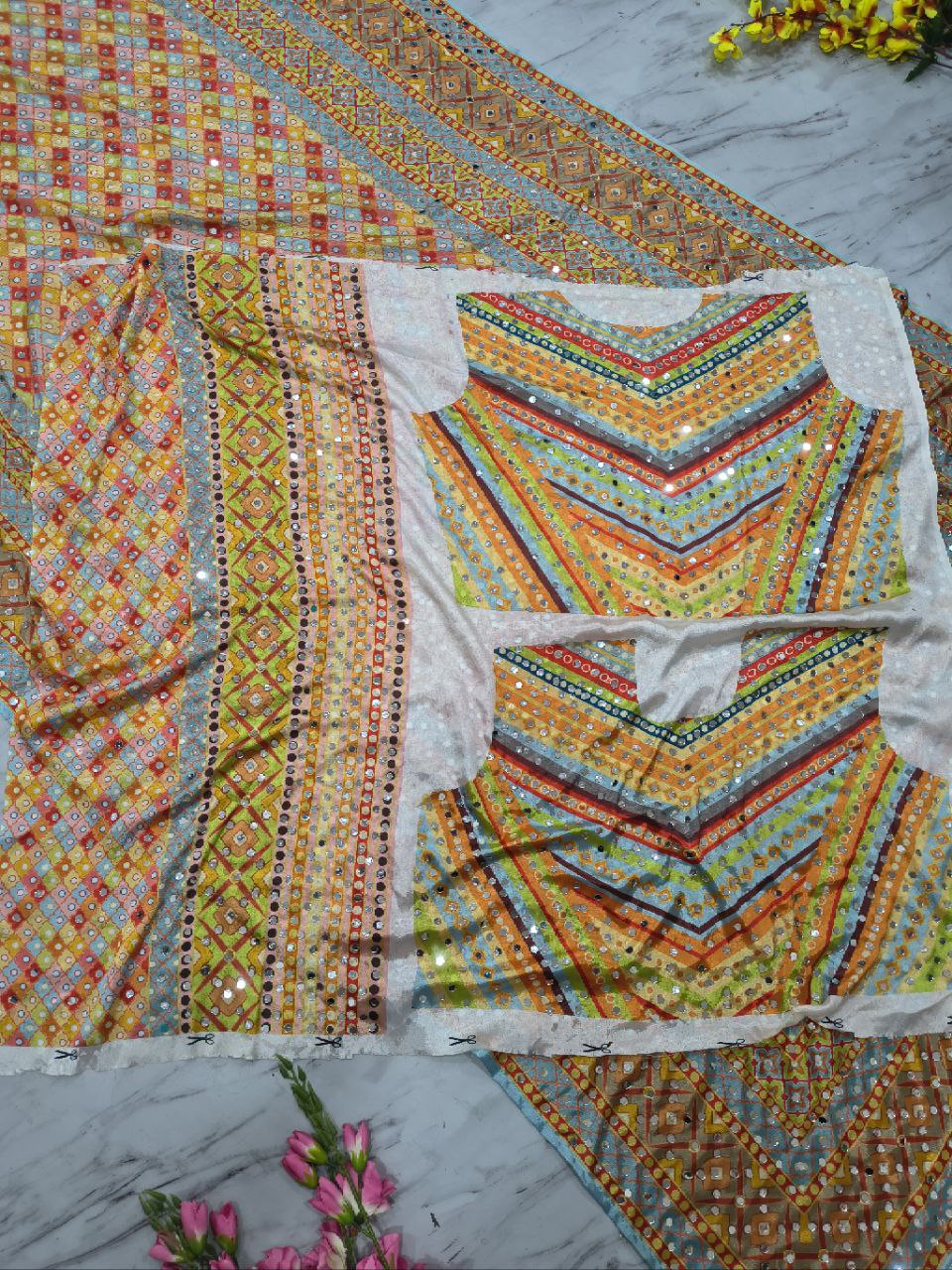 Beautiful Chinon Silk  With Print And Real Mirror Work saree