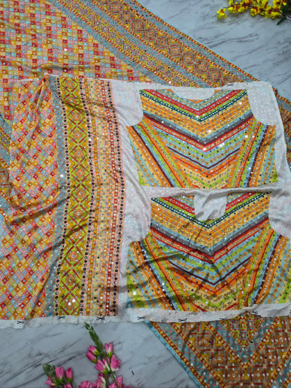 Beautiful Chinon Silk  With Print And Real Mirror Work saree