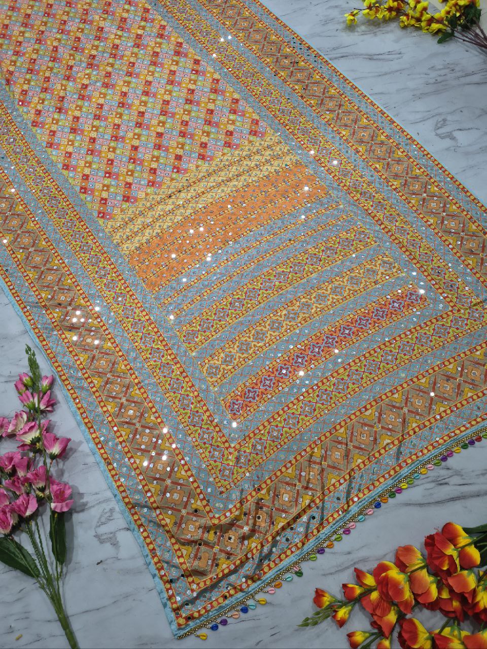 Beautiful Chinon Silk  With Print And Real Mirror Work saree