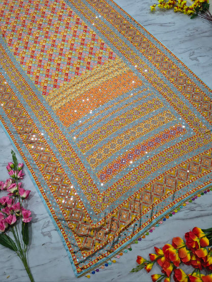 Beautiful Chinon Silk  With Print And Real Mirror Work saree