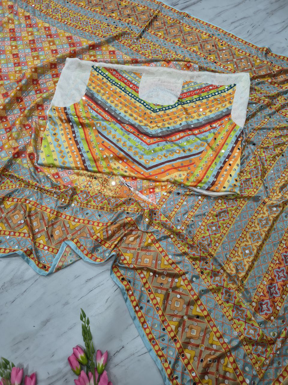 Beautiful Chinon Silk  With Print And Real Mirror Work saree