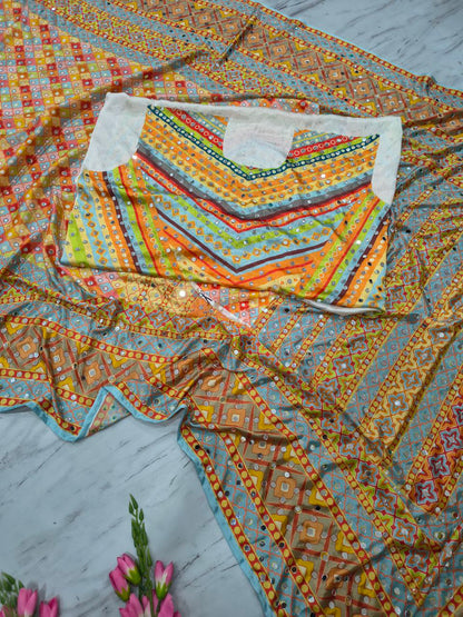 Beautiful Chinon Silk  With Print And Real Mirror Work saree