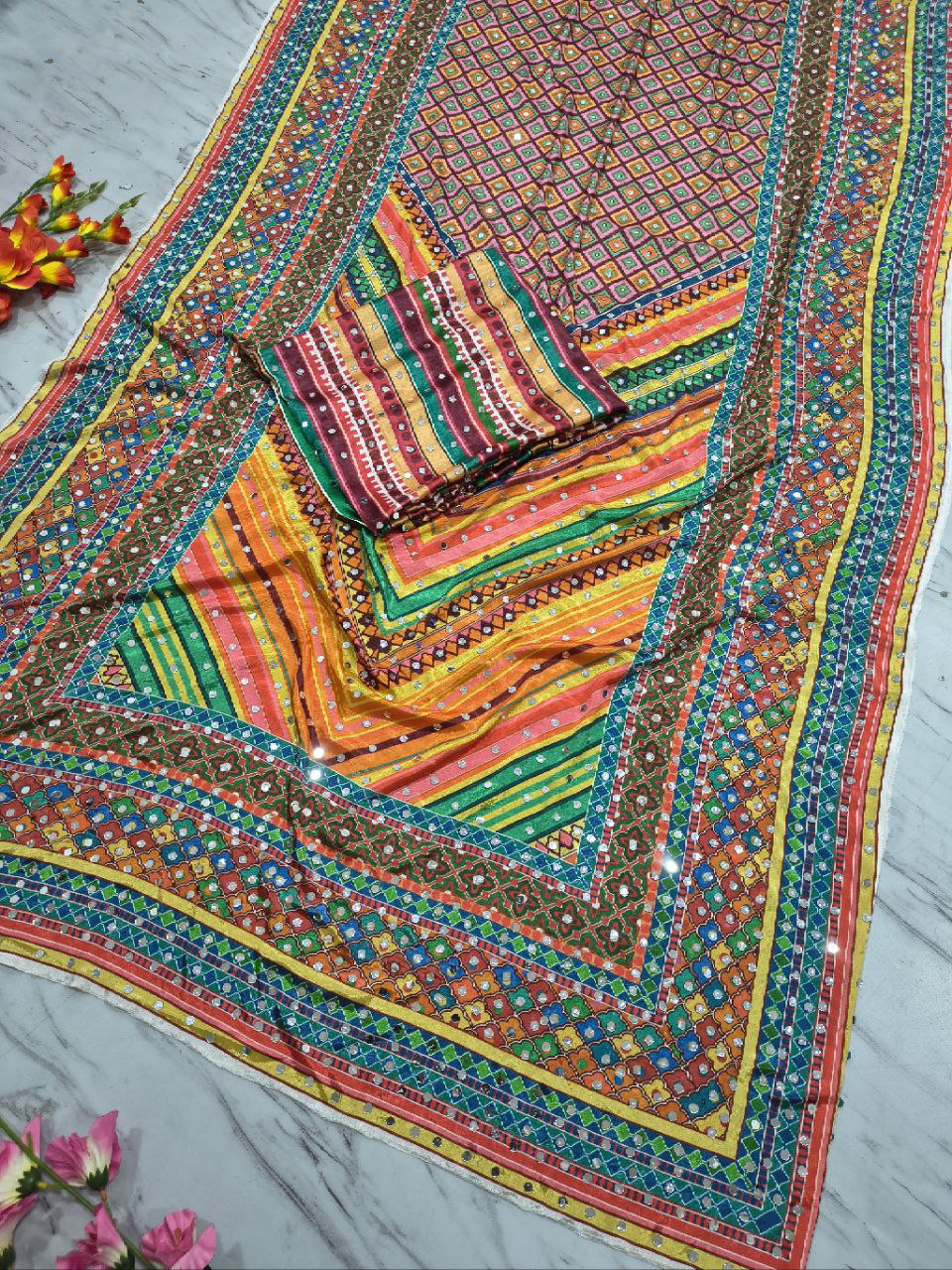 Beautiful Chinon Silk Saree With Elegant Print & Real Mirror Work