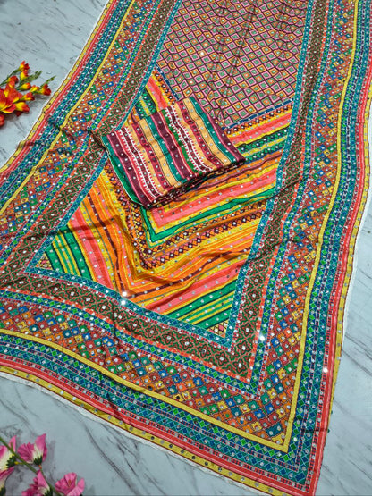 Beautiful Chinon Silk Saree With Elegant Print & Real Mirror Work