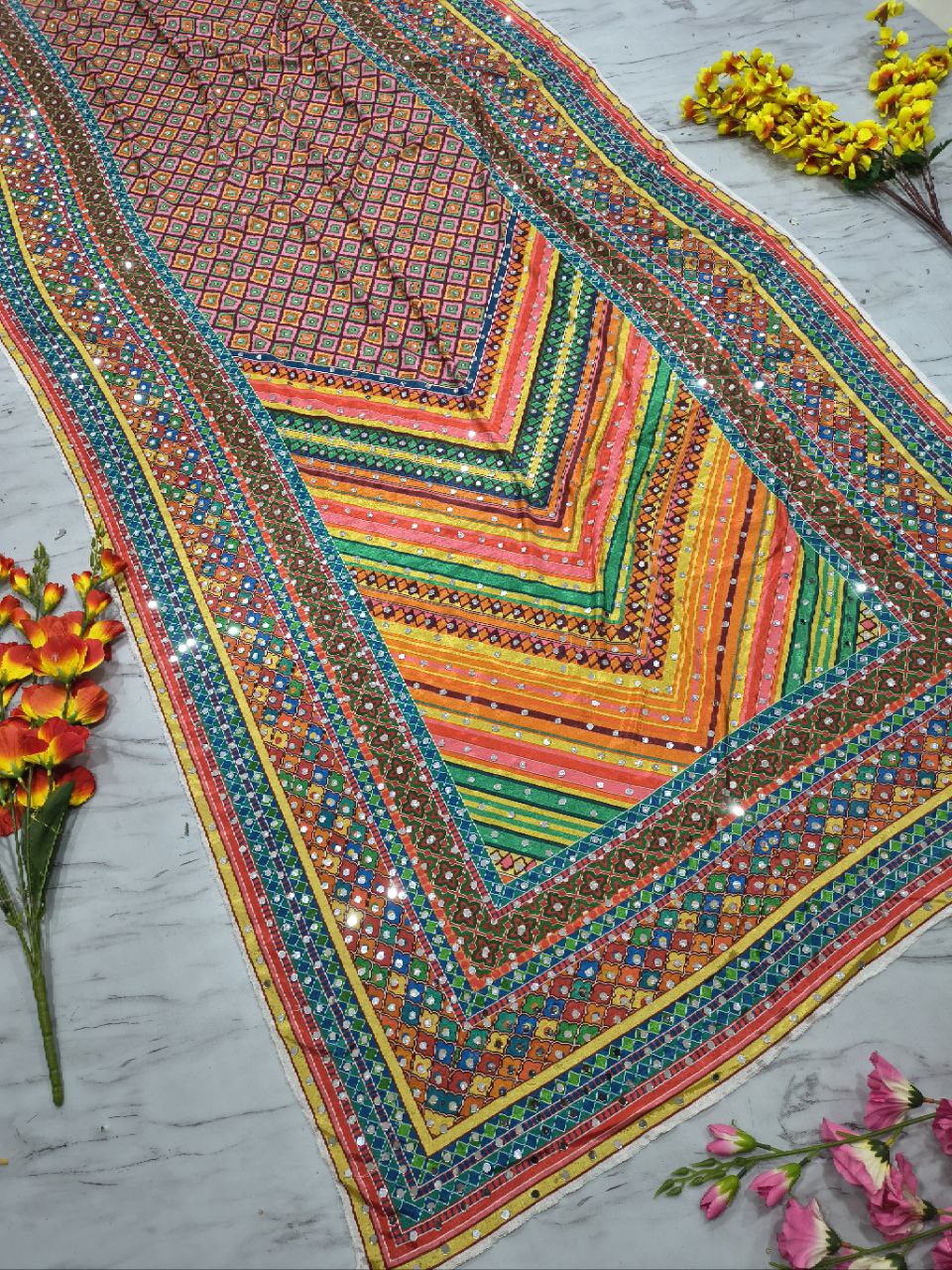 Beautiful Chinon Silk Saree With Elegant Print & Real Mirror Work