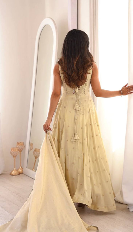 Beautiful Beige Color Cosmos Gold Embroidery Work Gown