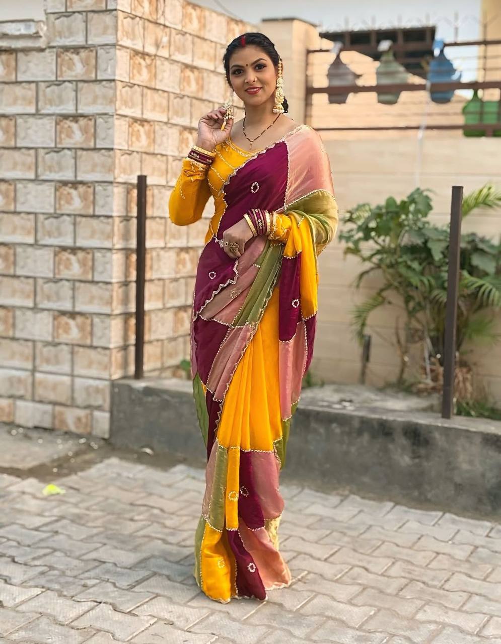 Beautifull Multi Color Space Silk With Silver Hand Work Saree