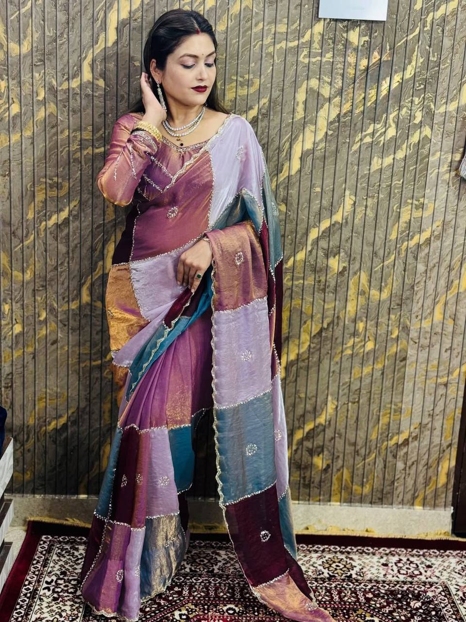 Beautifull Multi Color Space Silk With Silver Hand Work Saree