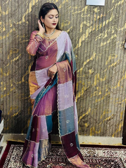 Beautifull Multi Color Space Silk With Silver Hand Work Saree