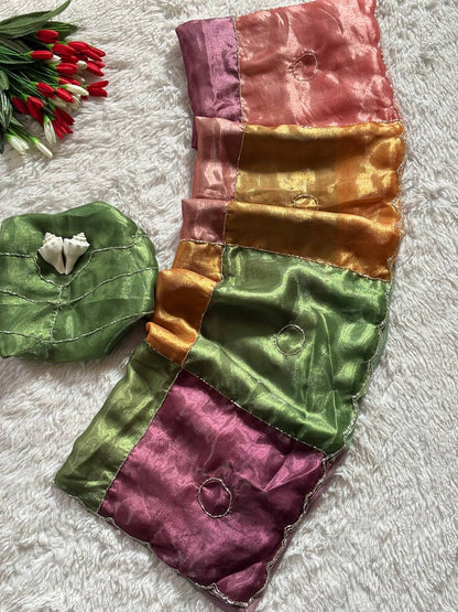 Beautifull Multi Color Space Silk With Silver Hand Work Saree