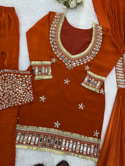 Beautifull Fendy Silk With Real Mirror Work Top Plazzo