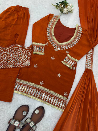 Beautifull Fendy Silk With Real Mirror Work Top Plazzo