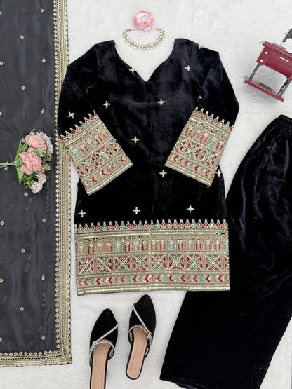 Black Color Beautifull Velvet With Coding Work Top Plazzo