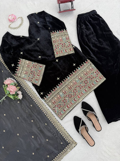 Black Color Beautifull Velvet With Coding Work Top Plazzo