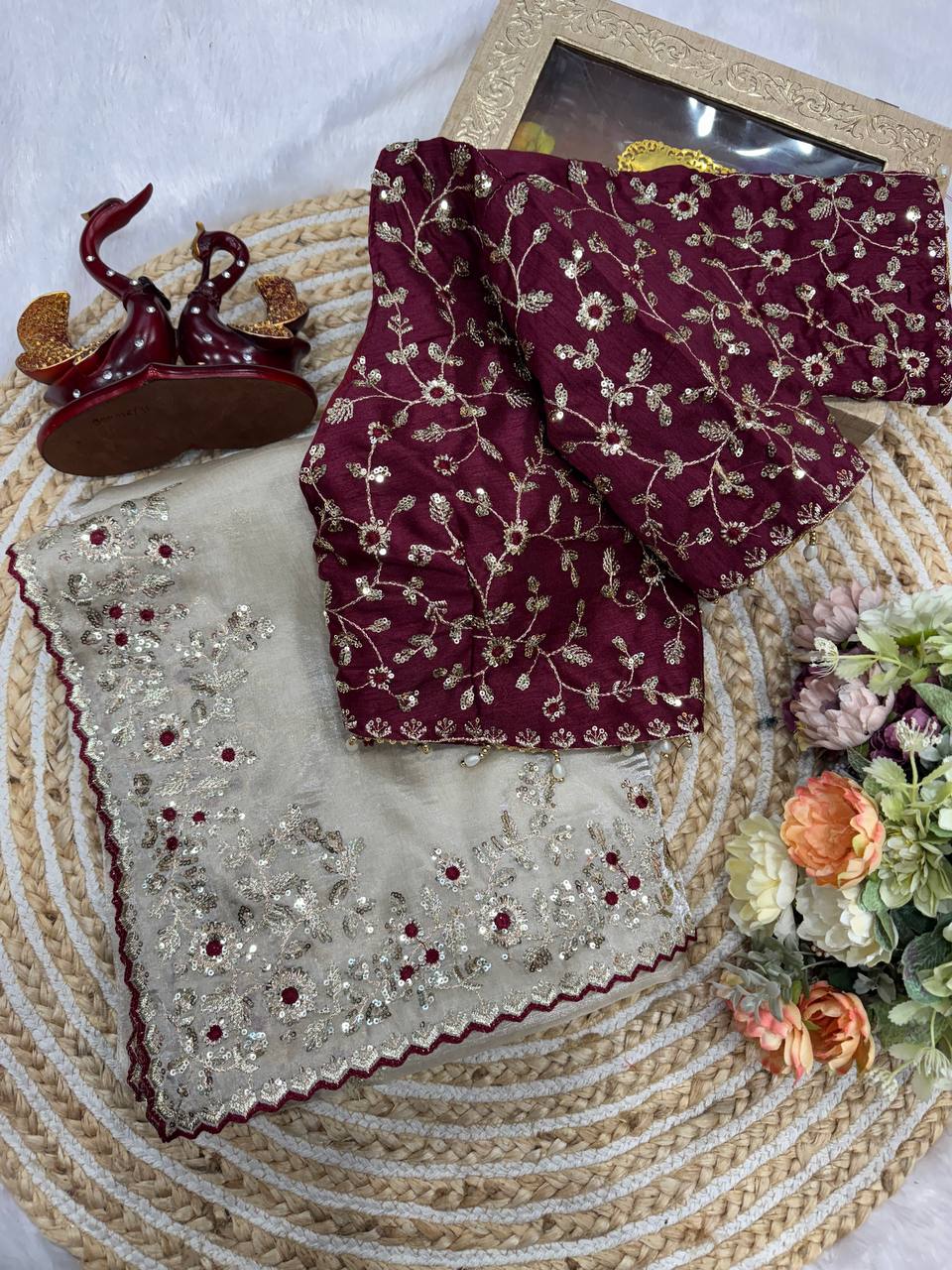 Beautifull Jimmu Chu With Sequience Embroidery Work Saree